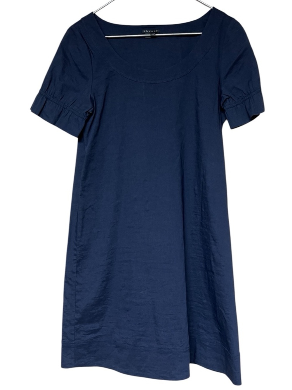 Theory Arna navy linen blend short ruffle sleeve scoop neck mini dress